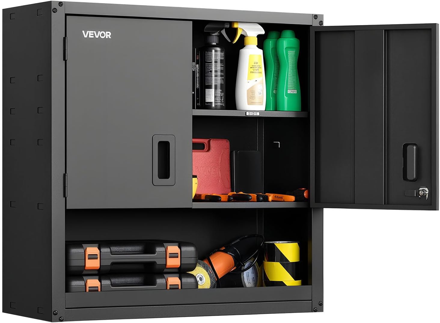 VEVOR Foldable Wall Cabinet, Metal Garage Locker Mounted 26" Small Tool Chest 240 LBS Loading Capacity Adjustable Shelf Magnetic Door File for Warehouse Office Home Black