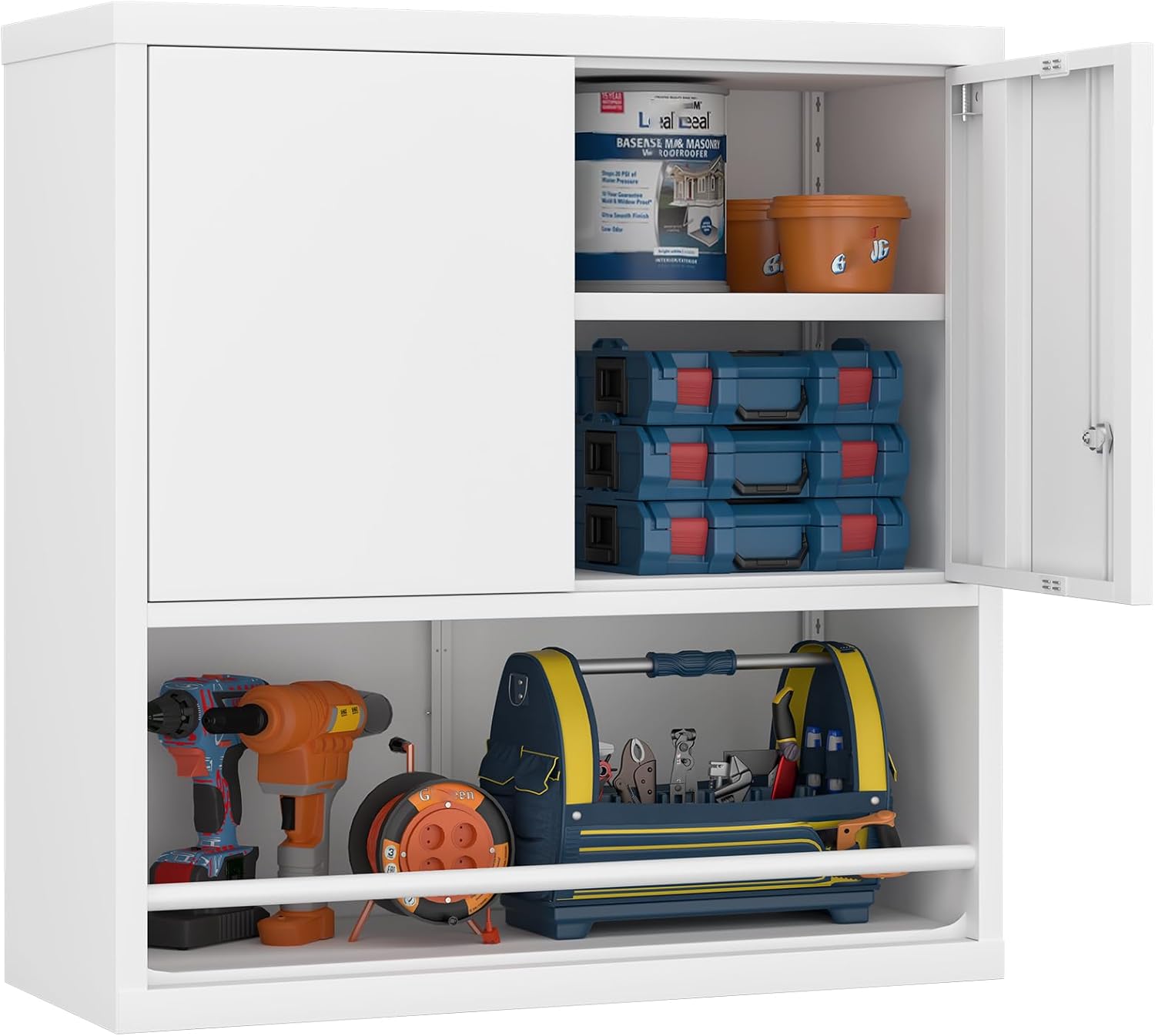 GREATMEET Locking Metal Wall Cabinets for Garage, Garage Cabinets Wall Mount, Steel Floating Hanging Storage Cabinet with Doors and Adjustable Shelf for Utility Room