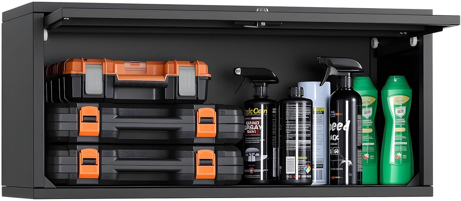 VEVOR Metal Wall Cabinet, 30W x 12.01D x 30H Inch, Steel Floating Hanging Storage Cabinet with Locking Doors and Adjustable Shelf for Garage, Basement, Kitchen, Warehouse Assembly Required, Black