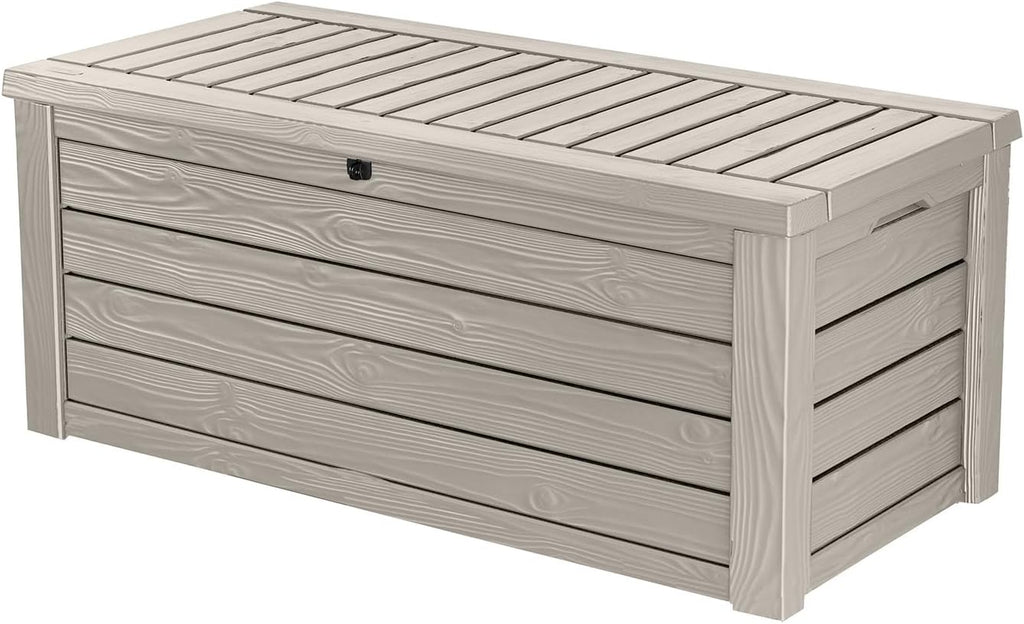 Keter Westwood 150 Gallon Resin Large Outdoor Storage Box for Patio Furniture, Outdoor Cushions, Garden Tools and Pool Gear, Brown