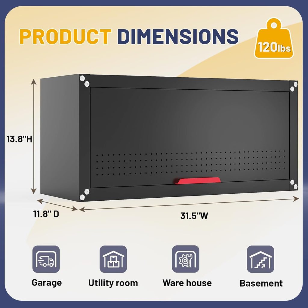 31.5" Metal Wall Cabinet,Garage Wall Cabinet with Up-Flip Door,Wall Mounted Garage Cabinets,Floating Tool Cabinet for Basement,Kitchen,Warehouse Assembly Required