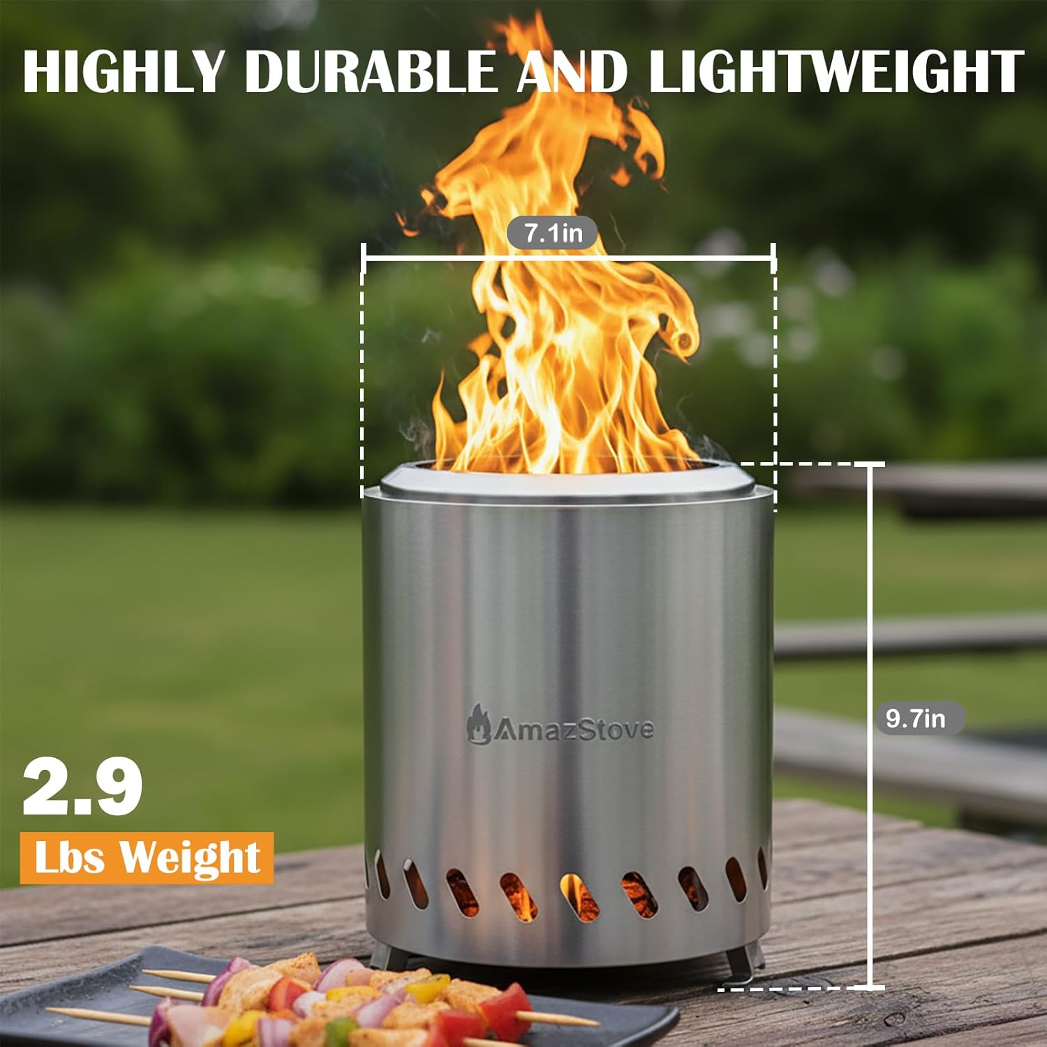 9.7 x 7.1 Inch Tabletop Fire Pit by AmazStove, Low Smoke Camping Stove for Outdoor Safe Burning Firepits, Fueled Pellets or Wood, Travel Bag Included (Silver, 9.7 x 7.1 INCH)