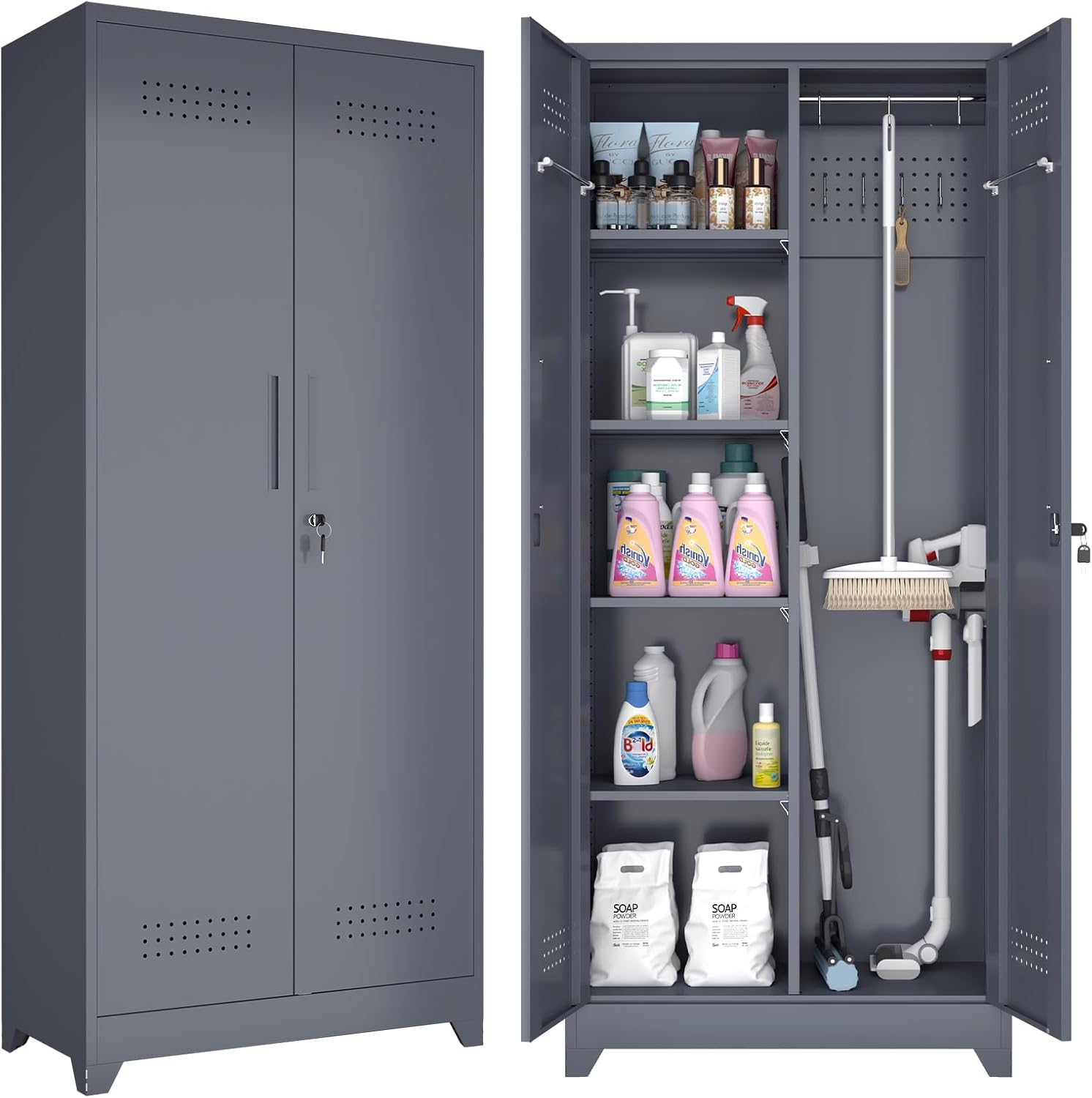 GREATMEET Locking Metal Wall Cabinets for Garage, Garage Cabinets Wall Mount, Steel Floating Hanging Storage Cabinet with Doors and Adjustable Shelf for Utility Room