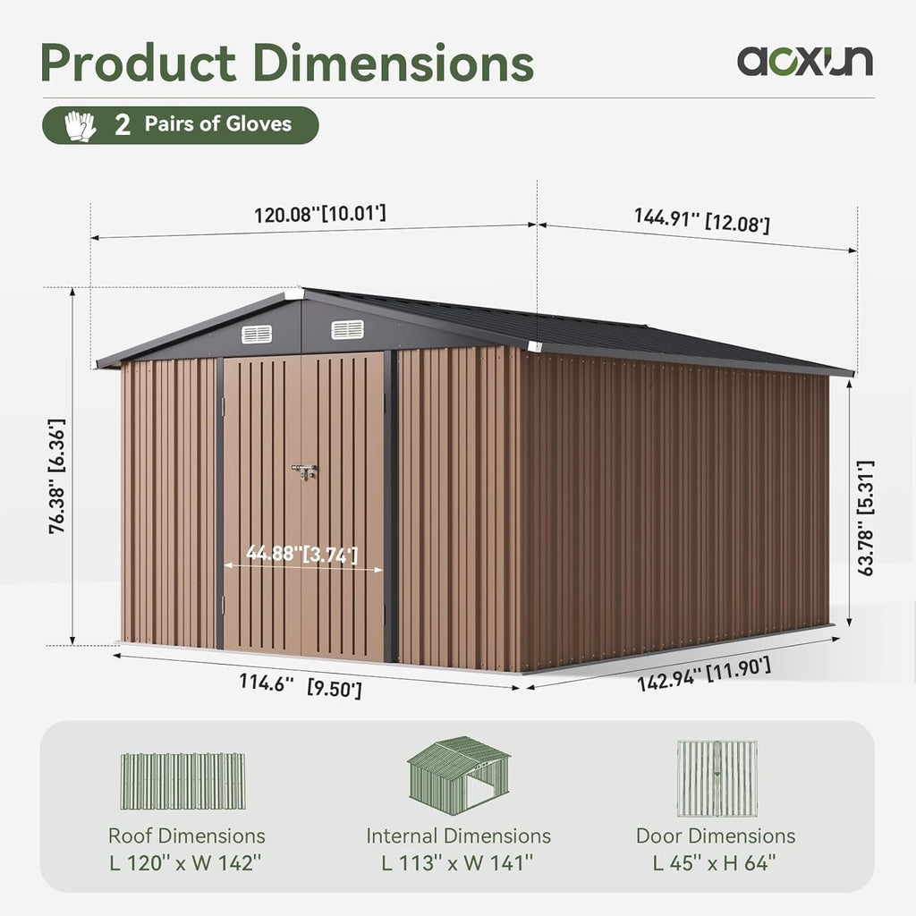 Aoxun 10 x 12FT Outdoor Storage Shed with Double Hinged Large Door Utility Garden Shed with Lockable Door & Sloped Roof Metal Sheds Outdoor Storage for Garden, Backyard, Patio and Backyard, Brown