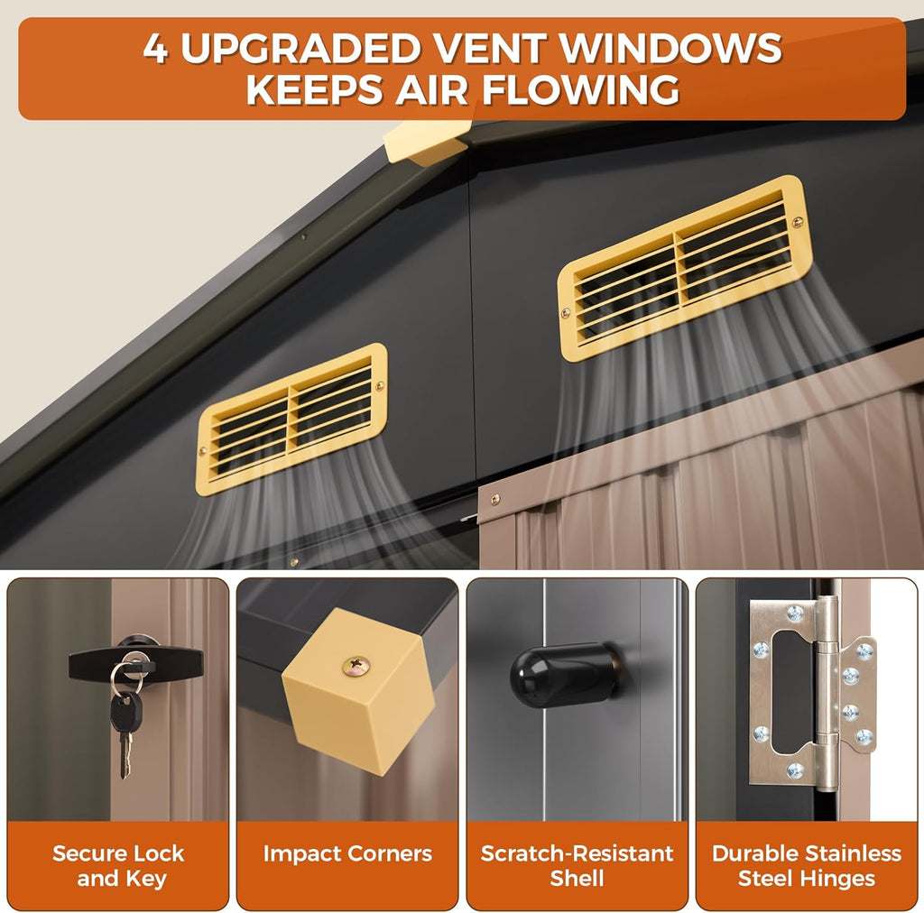 IRONCK 10x12FT Outdoor Storage Shed, Metal Garden Tool Shed with Breathable Vent and Lockable Doors, Outside Storage for Backyard, Poolside, Patio, Brown