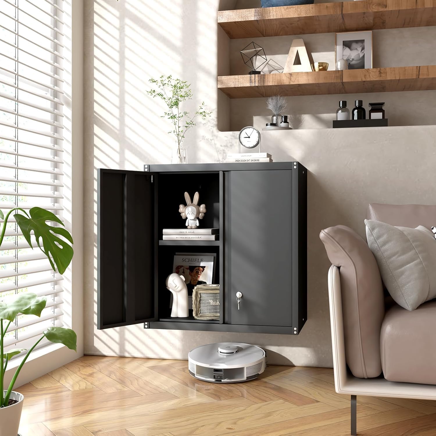 GREATMEET Locking Metal Wall Cabinets for Garage, Garage Cabinets Wall Mount, Steel Floating Hanging Storage Cabinet with Doors and Adjustable Shelf for Utility Room