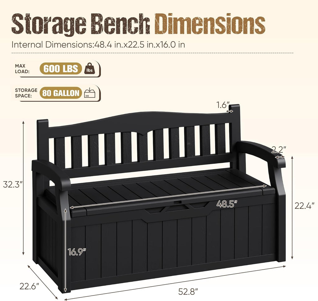 80-Gallon Outdoor Storage Bench, Waterproof Deck Box with Lockable Lid & Armrests for Patio, Garden, Pool, Black