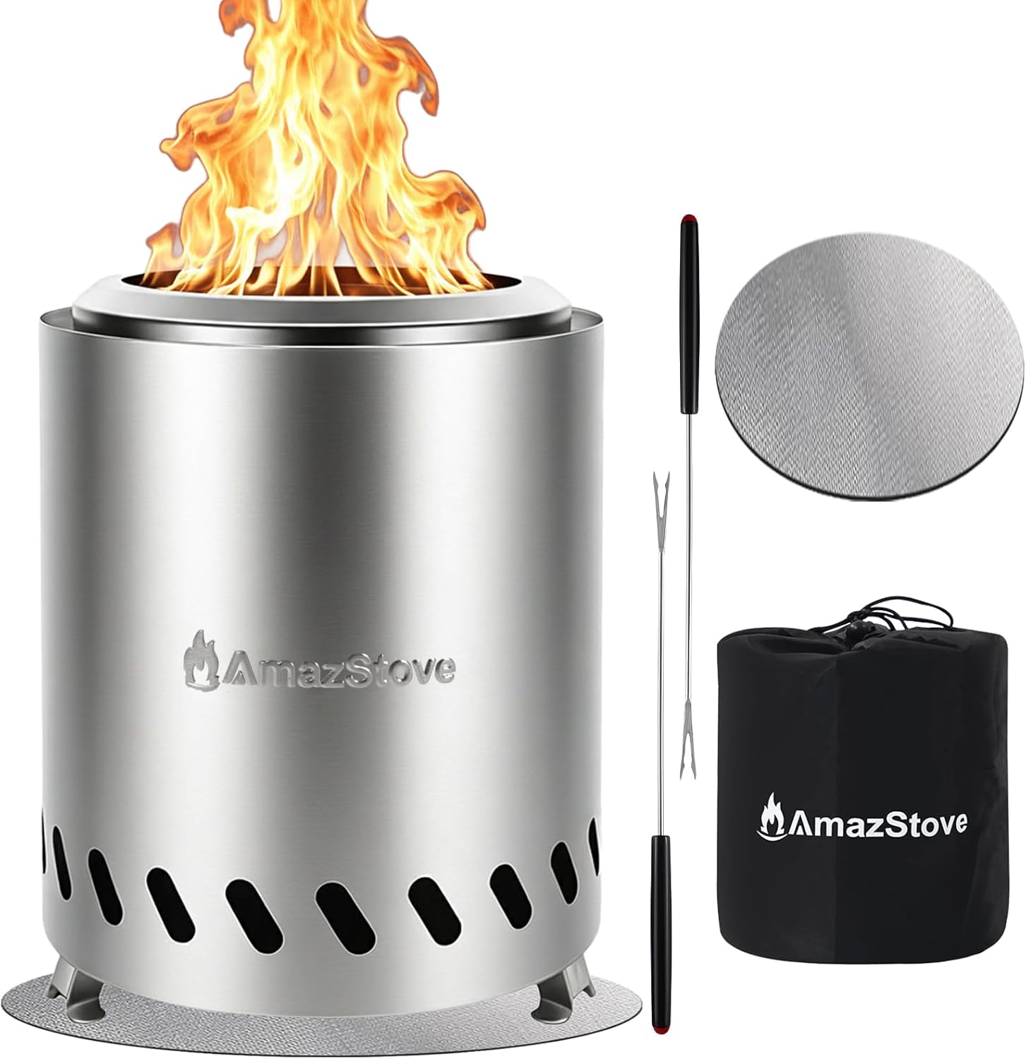 9.7 x 7.1 Inch Tabletop Fire Pit by AmazStove, Low Smoke Camping Stove for Outdoor Safe Burning Firepits, Fueled Pellets or Wood, Travel Bag Included (Silver, 9.7 x 7.1 INCH)