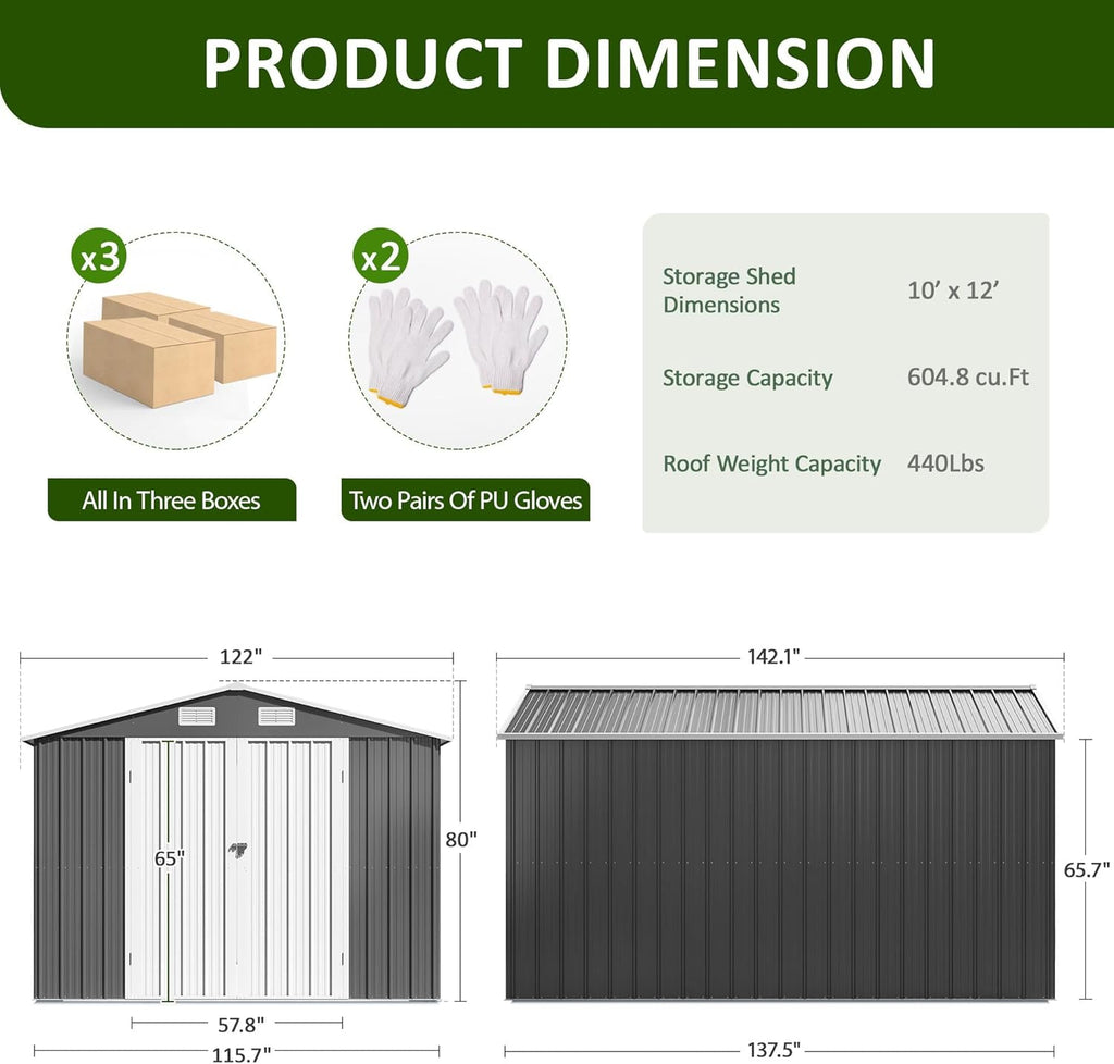 10x12 FT Outdoor Storage Shed, Metal Garden Tool Shed with Updated Frame Structure and Lockable Doors, Ideal for Backyard Garden Patio Lawn, Grey