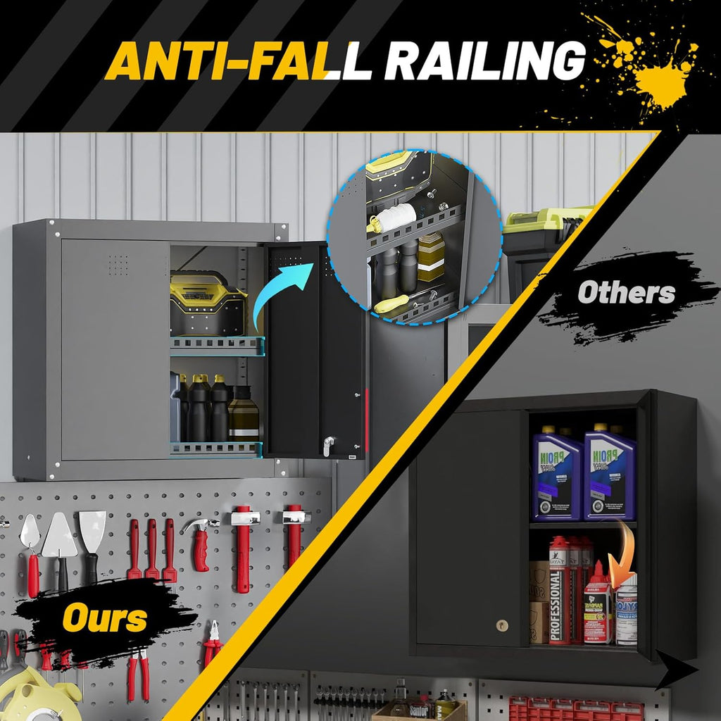 Metal Wall Cabinet,Wall Mounted Garage Storage Cabinet with Lock and Handle,Garage Wall Cabinet with Adjustable Shelves for Garages, Storage Rooms, Basements