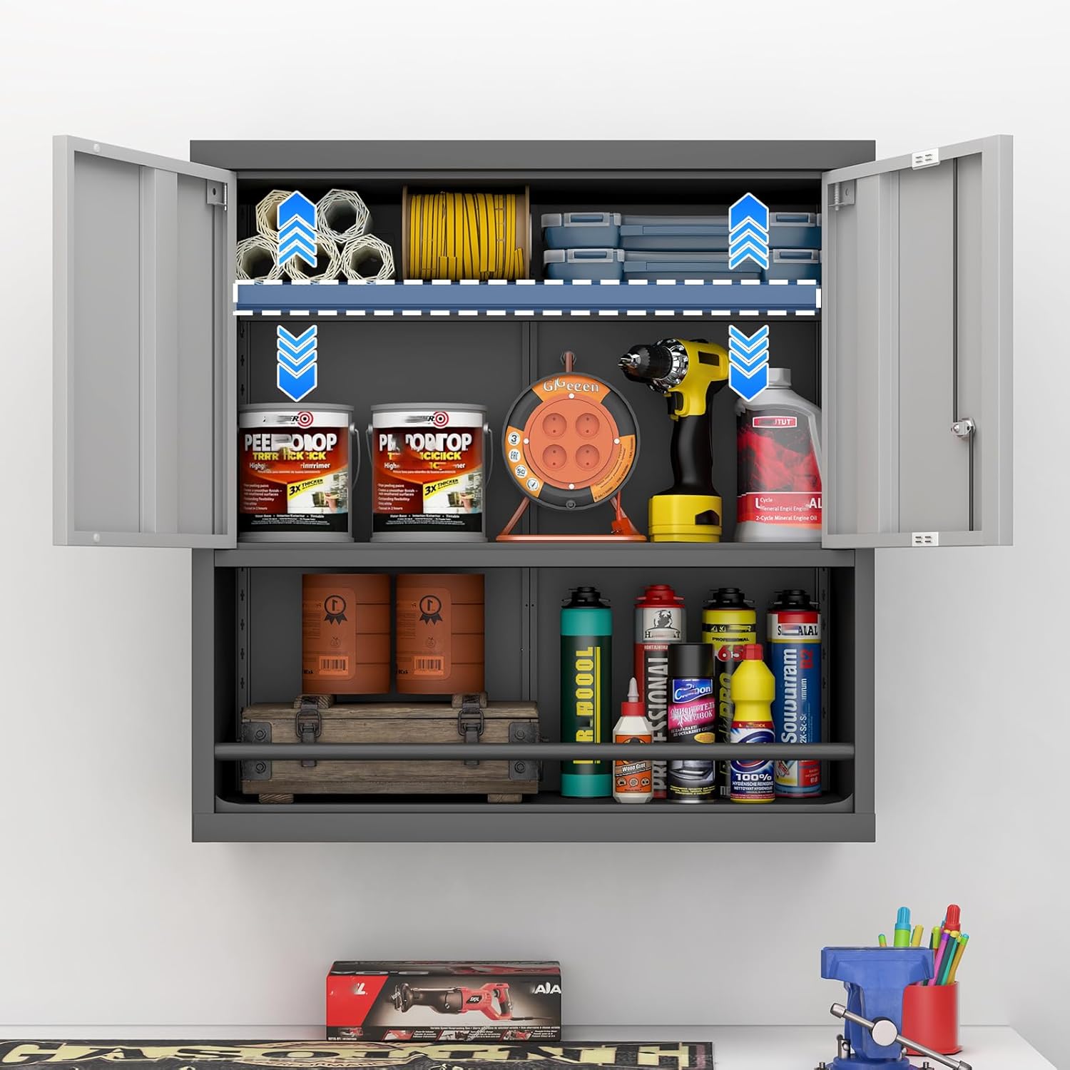 Wall Cabinet,Garage Cabinets Wall Mounted with Locking Doors,Hanging Cabinet with Adjustable Shelf,Floating Upper Storage Cabinet,Grey