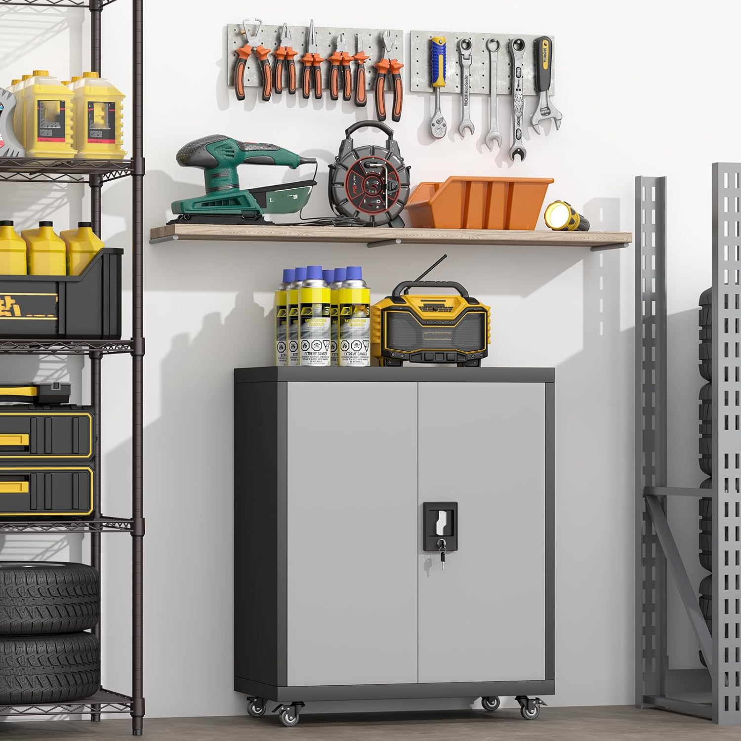 GREATMEET Locking Metal Wall Cabinets for Garage, Garage Cabinets Wall Mount, Steel Floating Hanging Storage Cabinet with Doors and Adjustable Shelf for Utility Room