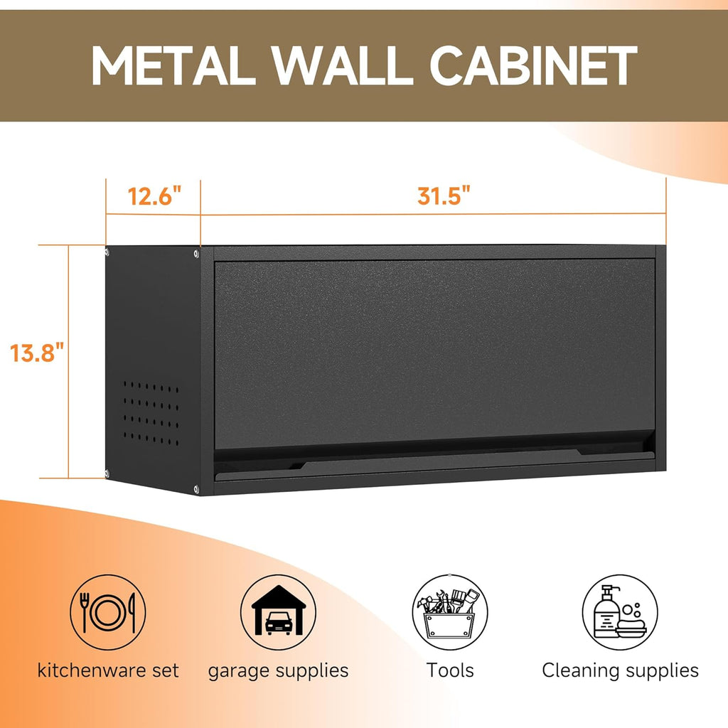 Coolsun Metal Wall Cabinet, Garage Wall Cabinet with Up-Flip Door, 31.5" W Wall Mounted Metal Storage Cabinet for Kitchen,Garage,Basement,Ware House Assembly Required (Black)