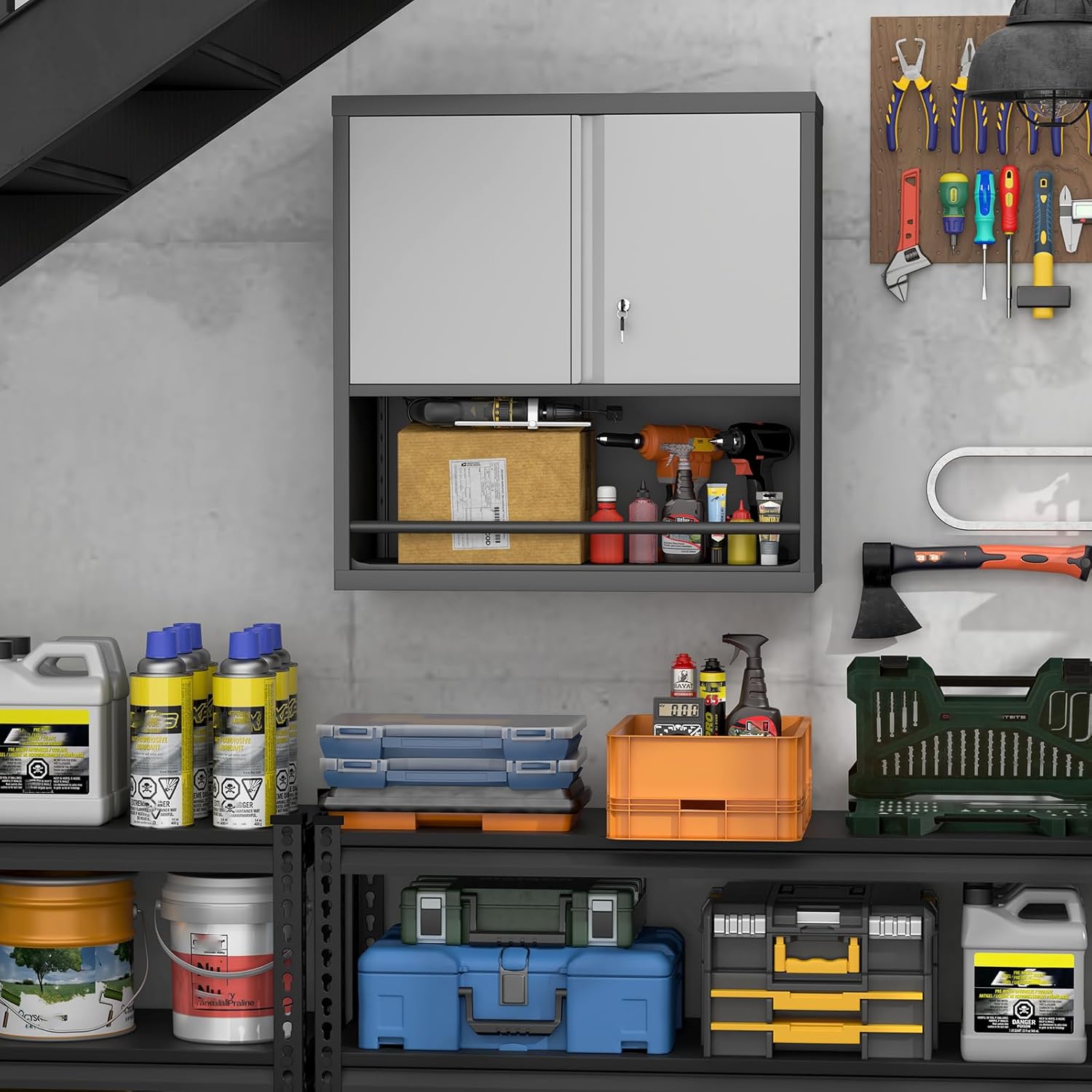 Wall Cabinet,Garage Cabinets Wall Mounted with Locking Doors,Hanging Cabinet with Adjustable Shelf,Floating Upper Storage Cabinet,Grey