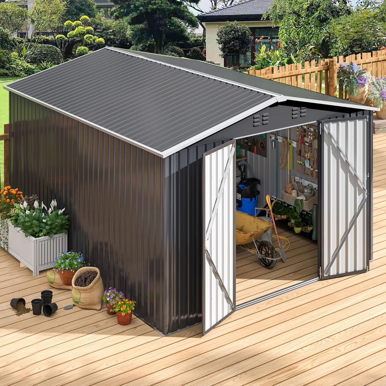 Polar Aurora 8 x 12 FT Outdoor Storage Shed, Metal Garden Shed with Updated Frame Structure, Tool Sheds for Backyard Garden Patio Lawn Black
