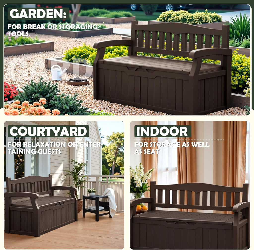 Flamaker 80 Gallon Storage Bench Outdoor Indoor, Durable All-Weather Seating with Hidden Storage, Lockable Deck Box for Garden, Patio, Poolside (Brown)