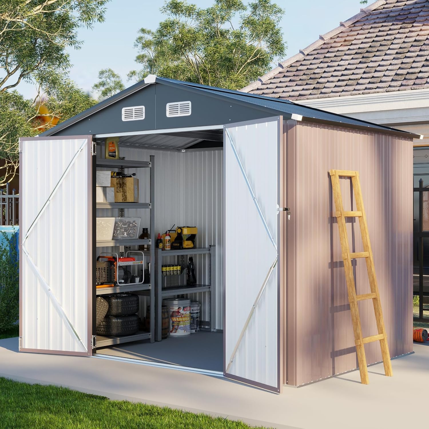 Aoxun 8x6FT Shed with Floor Galvanized Steel Outdoor Storage Shed Metal Garden Shed with Double Doors, Moisture-Proof Floor & Ventilation, Sloped Roof for Bike/Generator/Tool Storage (Brown)