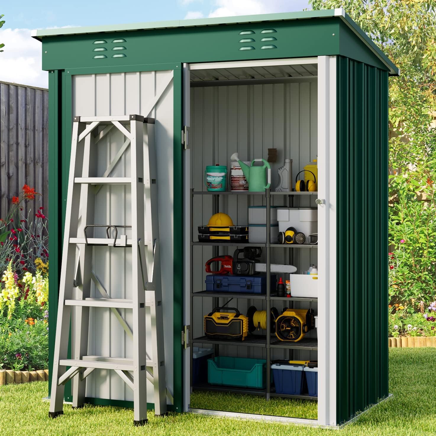 Gizoon Outdoor Storage Shed 8 x 6 FT, Galvanized Metal Garden Shed with Double Lockable Doors, Outdoor Storage Clearance for Backyard Patio Lawn-Dark Grey