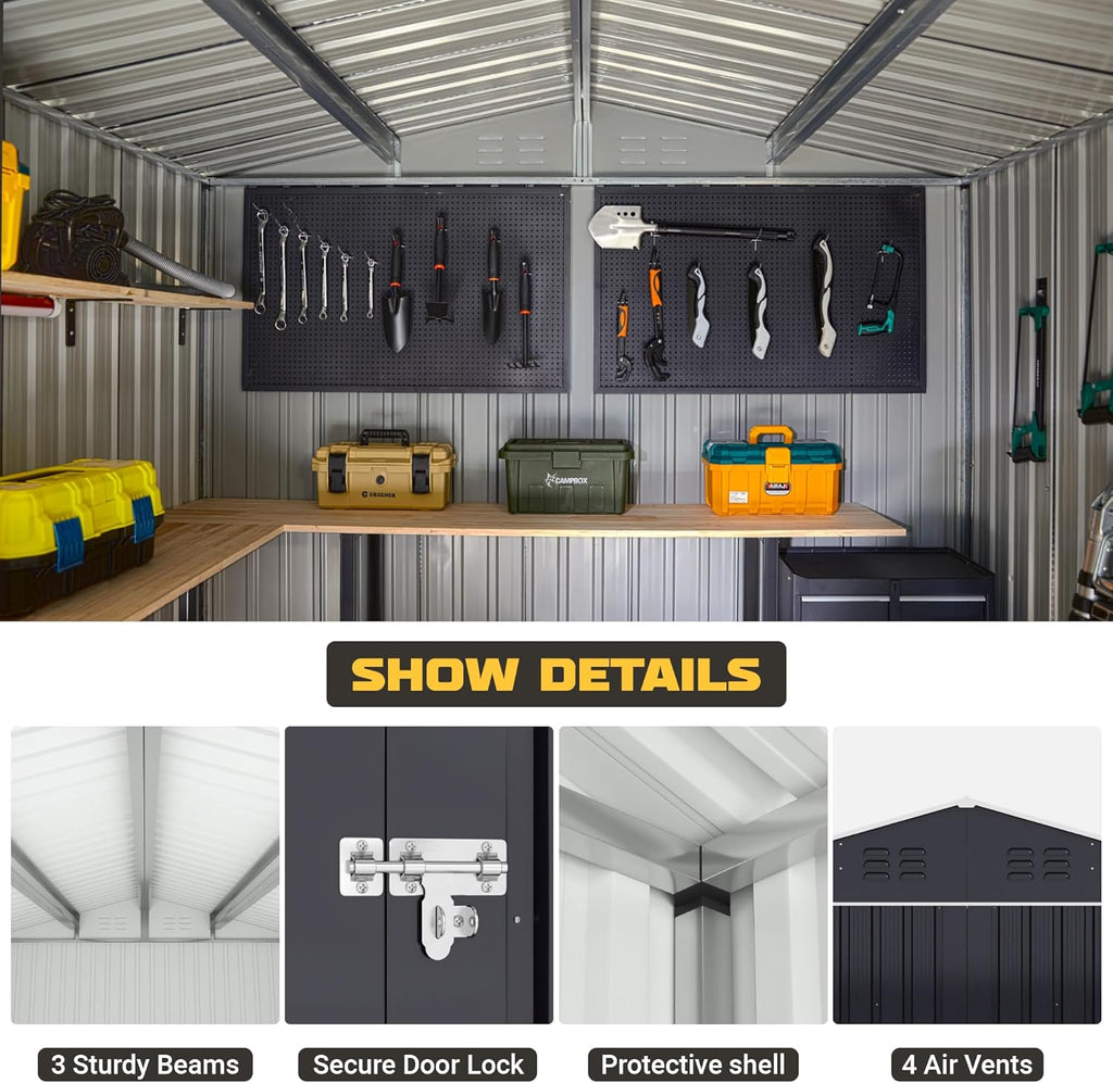 Polar Aurora 8 x 12 FT Outdoor Storage Shed, Metal Garden Shed with Updated Frame Structure, Tool Sheds for Backyard Garden Patio Lawn Black