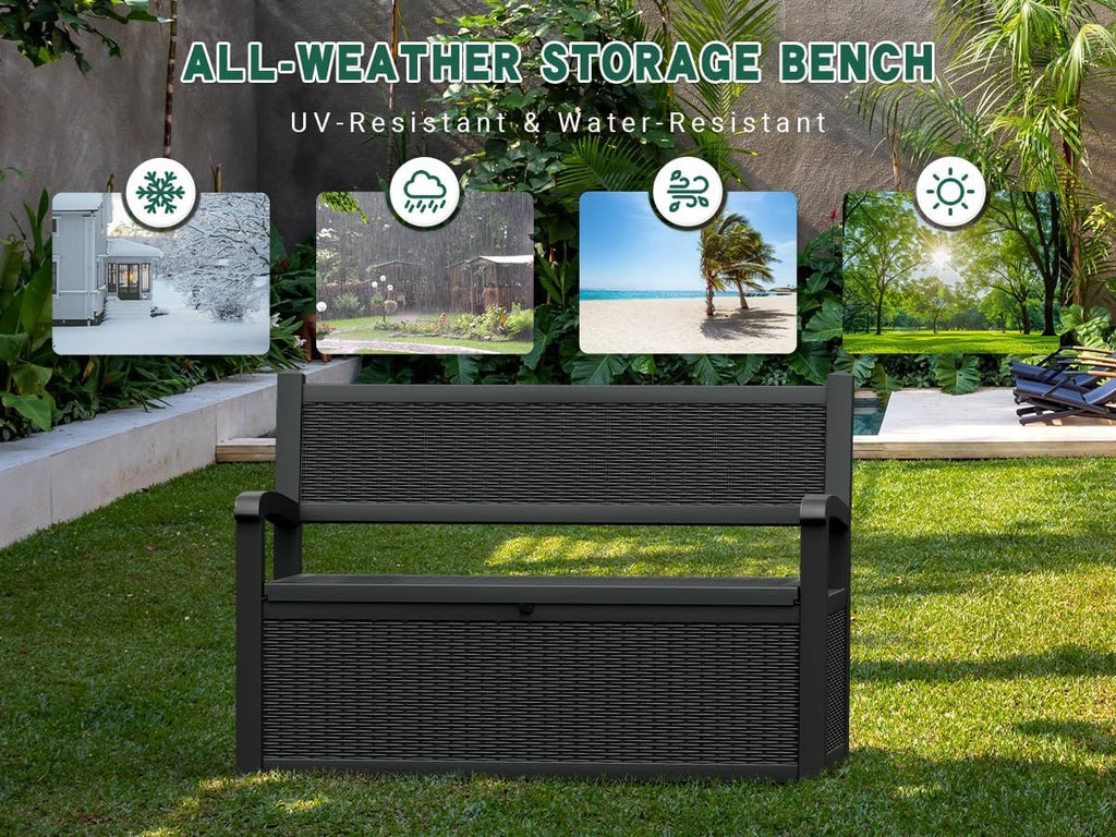 80 Gallon Outdoor Storage Box, Resin Patio Furniture with Armrest, Lockable Deck Box with Waterproof and UV Resistant for Patio Cushions, Garden Tools and Pool Supplies, Black