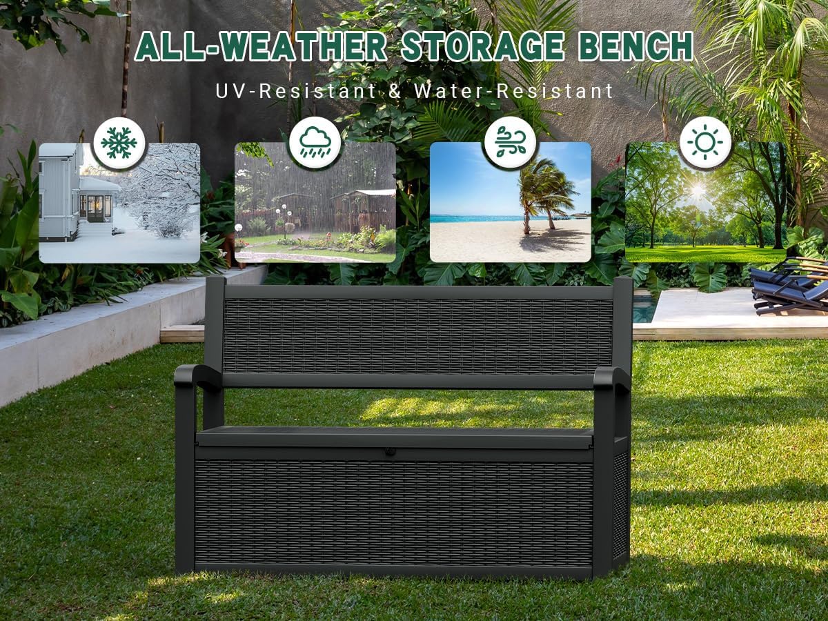 80 Gallon Outdoor Storage Box, Resin Patio Furniture with Armrest, Lockable Deck Box with Waterproof and UV Resistant for Patio Cushions, Garden Tools and Pool Supplies, Black
