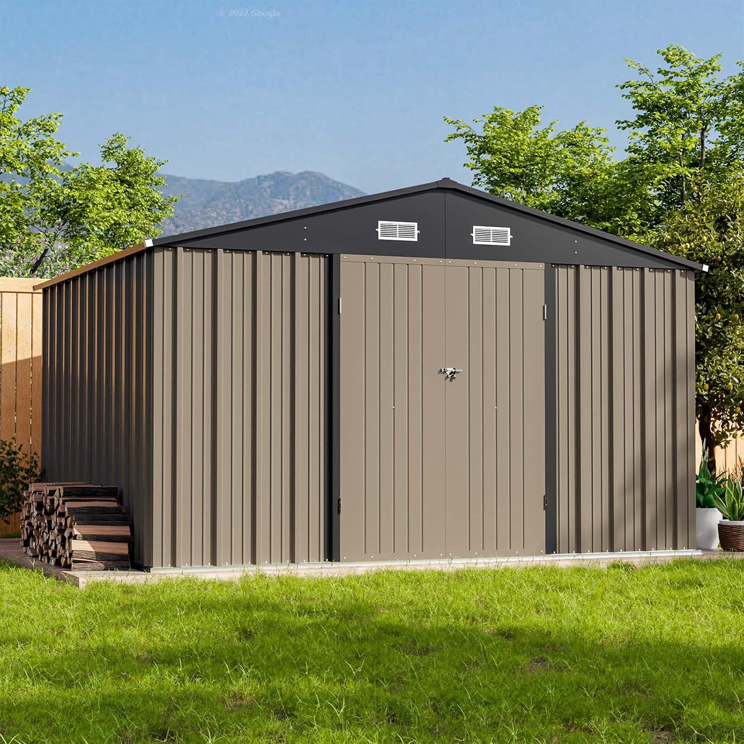 Patiowell 5x3 FT Outdoor Storage Shed, Tool Shed with Sloping Roof and Lockable Door, Metal Shed for Backyard Garden Patio Lawn, Brown