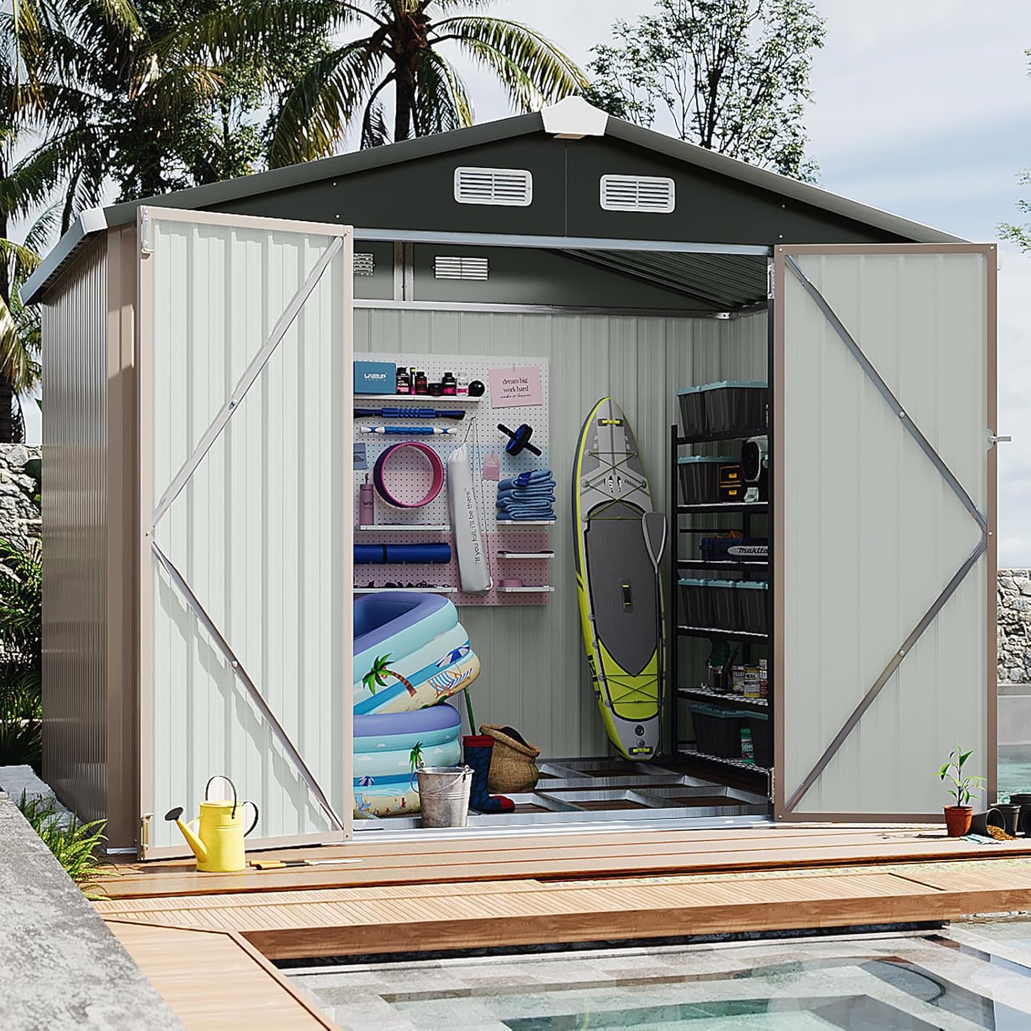 Aoxun 8x6FT Shed with Floor Galvanized Steel Outdoor Storage Shed Metal Garden Shed with Double Doors, Moisture-Proof Floor & Ventilation, Sloped Roof for Bike/Generator/Tool Storage (Brown)