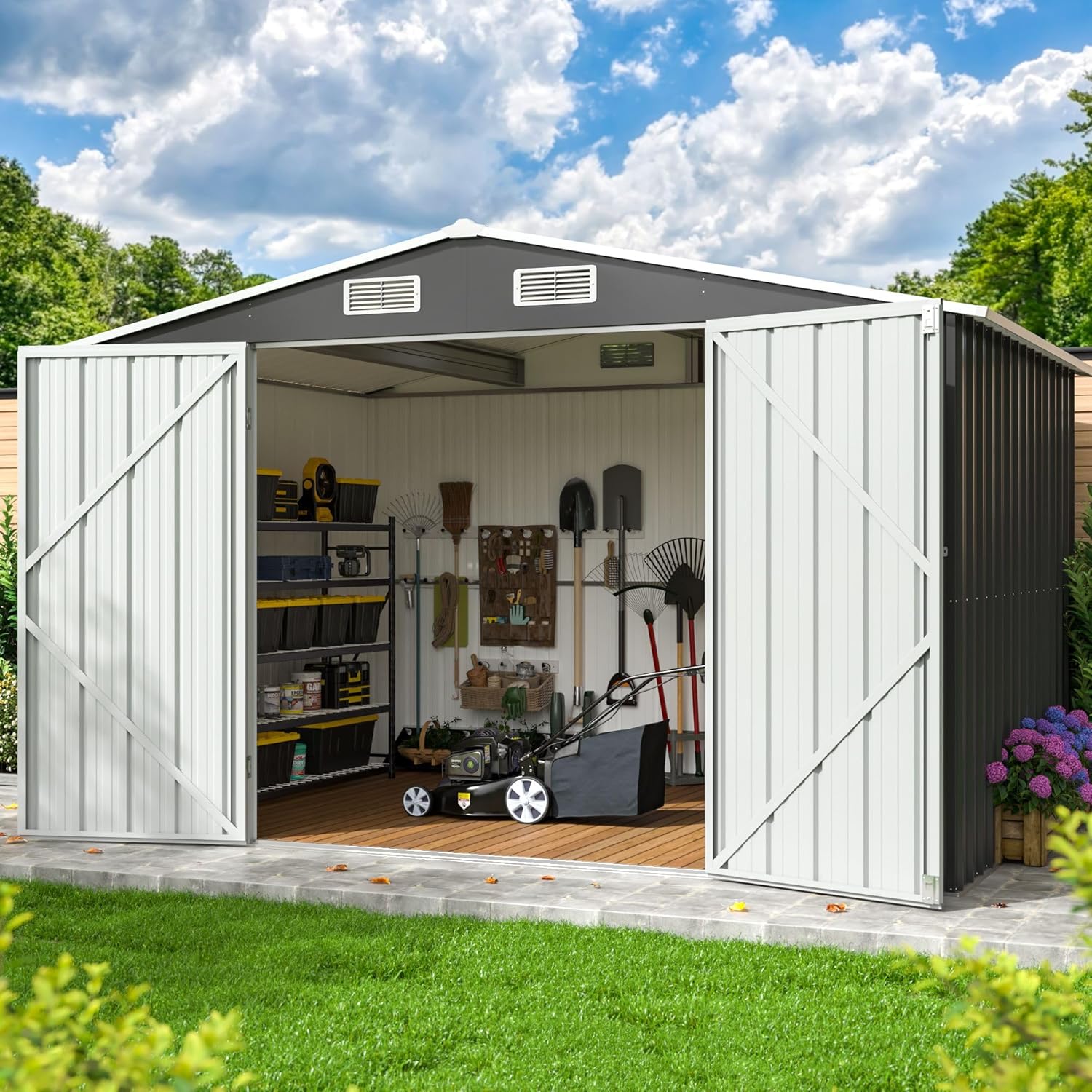 10x12 FT Outdoor Storage Shed, Metal Garden Tool Shed with Updated Frame Structure and Lockable Doors, Ideal for Backyard Garden Patio Lawn, Grey