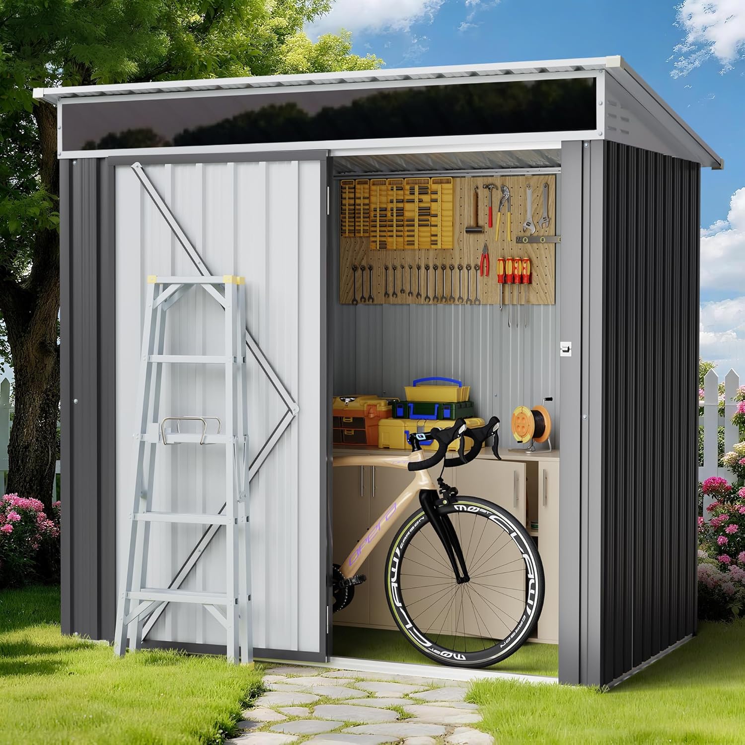 Shintenchi 6x4 FT Outdoor Storage Shed with Window, Outdoor Waterproof Storage Shed Metal Garden Shed with Lockable Single Door, Weather Resistant Tool Storage House Shed for Garden,Backyard,Gray