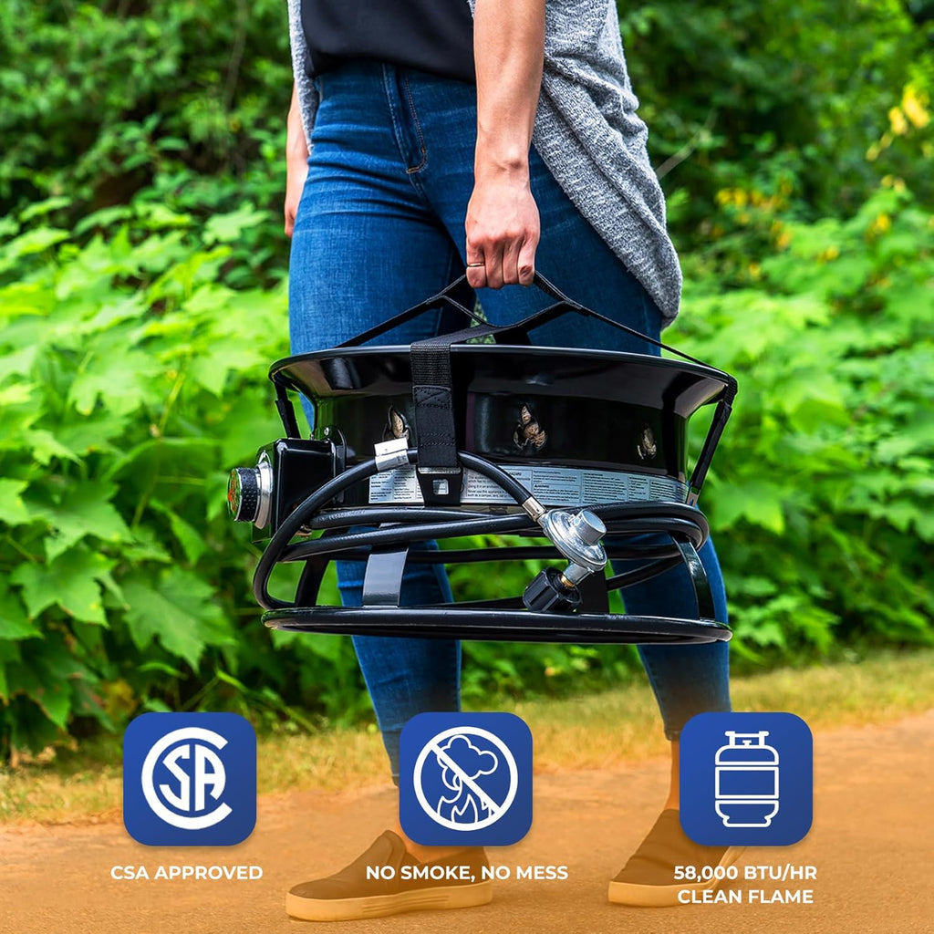 Outland Living Portable Propane Fire Pit, 19-inch, 58,000 BTU with Fire Pit Cover & Carry Kit, Smokeless Gas Firebowl | Perfect for Camping, Patio, Backyard, Tailgating, Deck, RV| Black 893 Deluxe