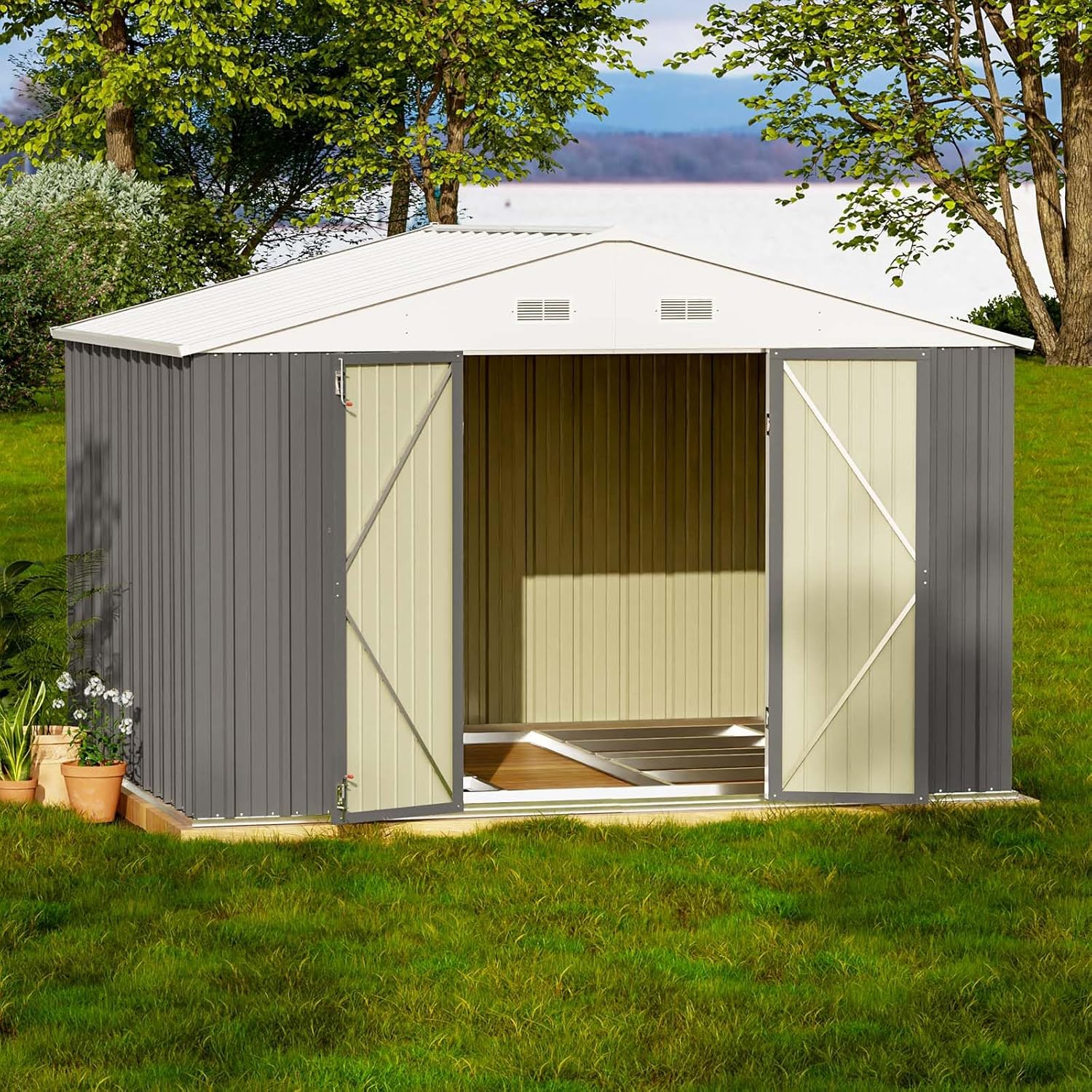Patiowell 5x3 FT Outdoor Storage Shed, Tool Shed with Sloping Roof and Lockable Door, Metal Shed for Backyard Garden Patio Lawn, Brown