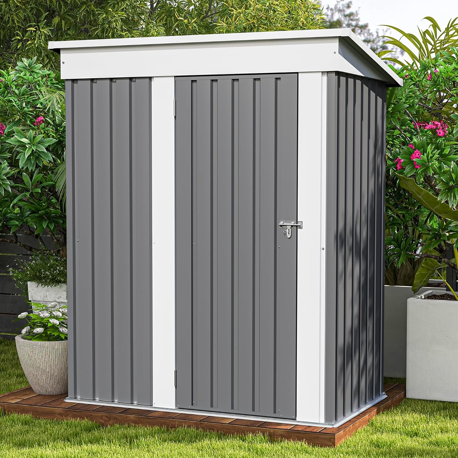 Patiowell 5x3 FT Outdoor Storage Shed, Tool Shed with Sloping Roof and Lockable Door, Metal Shed for Backyard Garden Patio Lawn, Brown