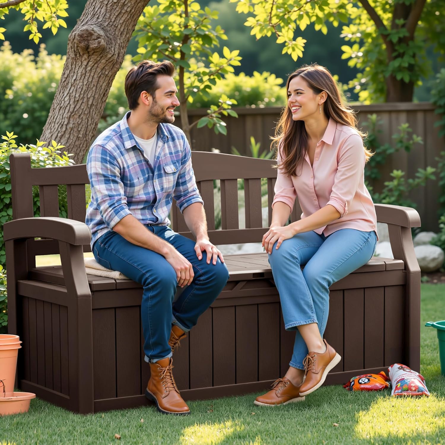 Flamaker 80 Gallon Storage Bench Outdoor Indoor, Durable All-Weather Seating with Hidden Storage, Lockable Deck Box for Garden, Patio, Poolside (Brown)