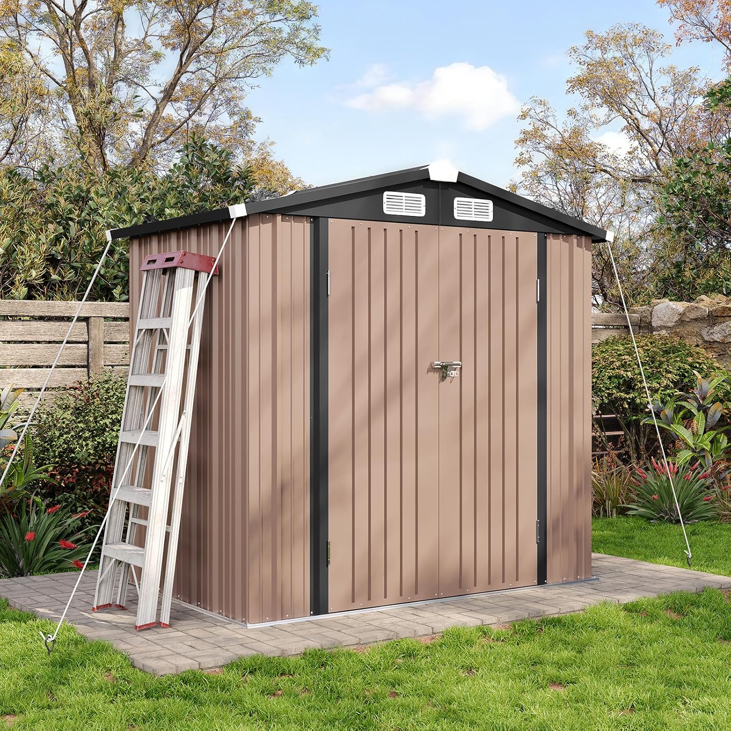 Aoxun 6.2x4 FT Shed Outdoor Storage Shed with Lockable Doors & Slooping Roof Metal Garden Tool Shed for Backyard, Patio, Poolside (Brown)