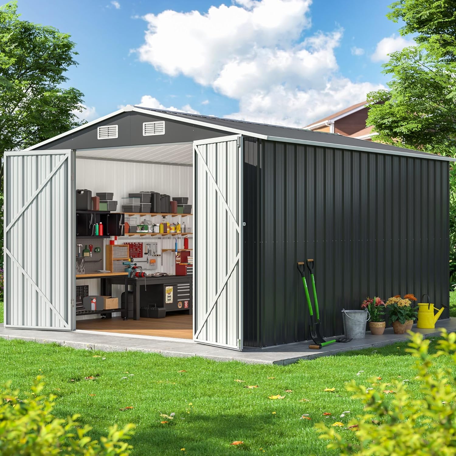 10x12 FT Outdoor Storage Shed, Metal Garden Tool Shed with Updated Frame Structure and Lockable Doors, Ideal for Backyard Garden Patio Lawn, Grey