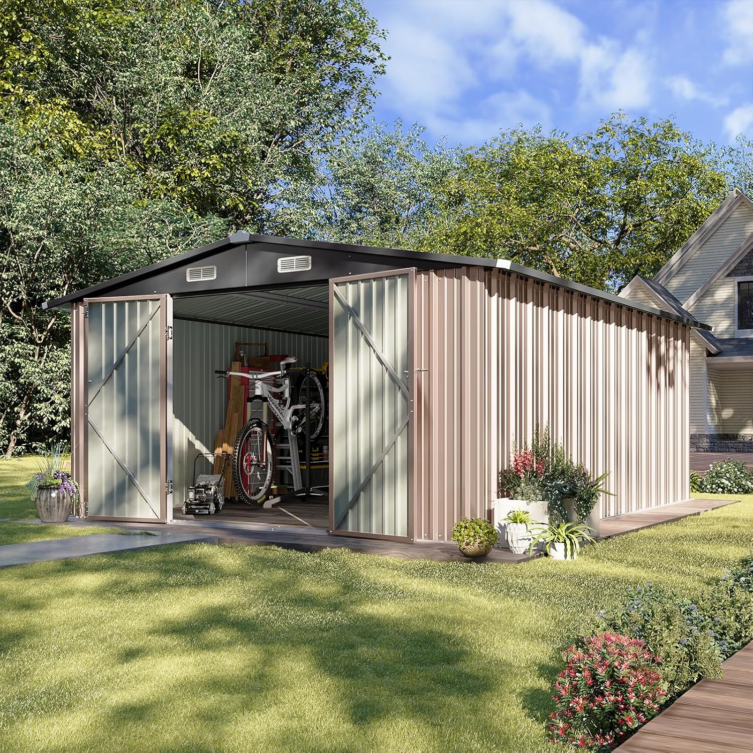 Aoxun 10 x 12FT Outdoor Storage Shed with Double Hinged Large Door Utility Garden Shed with Lockable Door & Sloped Roof Metal Sheds Outdoor Storage for Garden, Backyard, Patio and Backyard, Brown