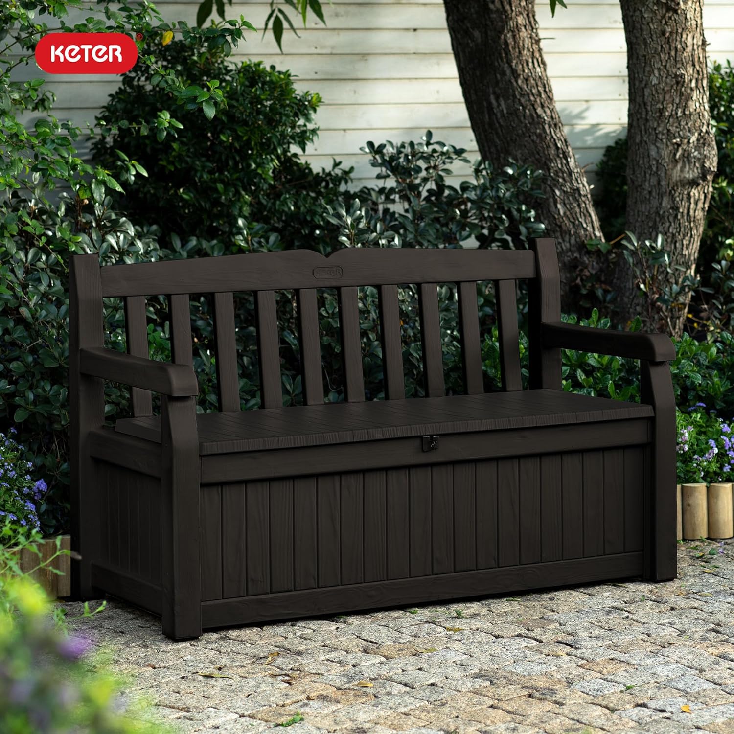 Keter Solana 70 Gallon Storage Bench Deck Box for Patio Furniture, Front Porch Decor and Outdoor Seating – Perfect to Store Garden Tools, Brown/Brown