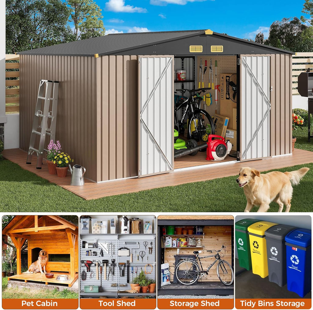 IRONCK 10x12FT Outdoor Storage Shed, Metal Garden Tool Shed with Breathable Vent and Lockable Doors, Outside Storage for Backyard, Poolside, Patio, Brown