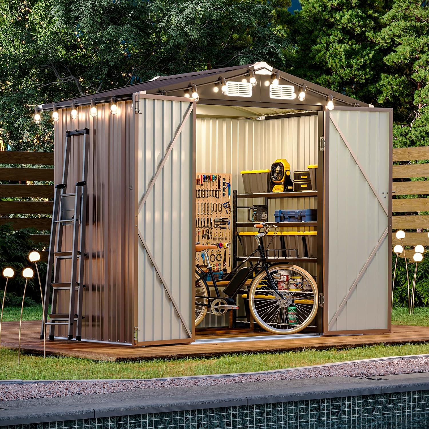 Aoxun 6.2x4 FT Shed Outdoor Storage Shed with Lockable Doors & Slooping Roof Metal Garden Tool Shed for Backyard, Patio, Poolside (Brown)