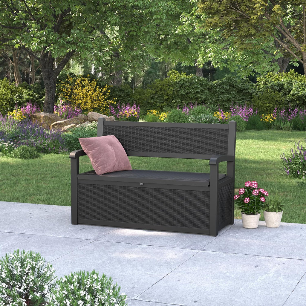 80 Gallon Outdoor Storage Box, Resin Patio Furniture with Armrest, Lockable Deck Box with Waterproof and UV Resistant for Patio Cushions, Garden Tools and Pool Supplies, Black