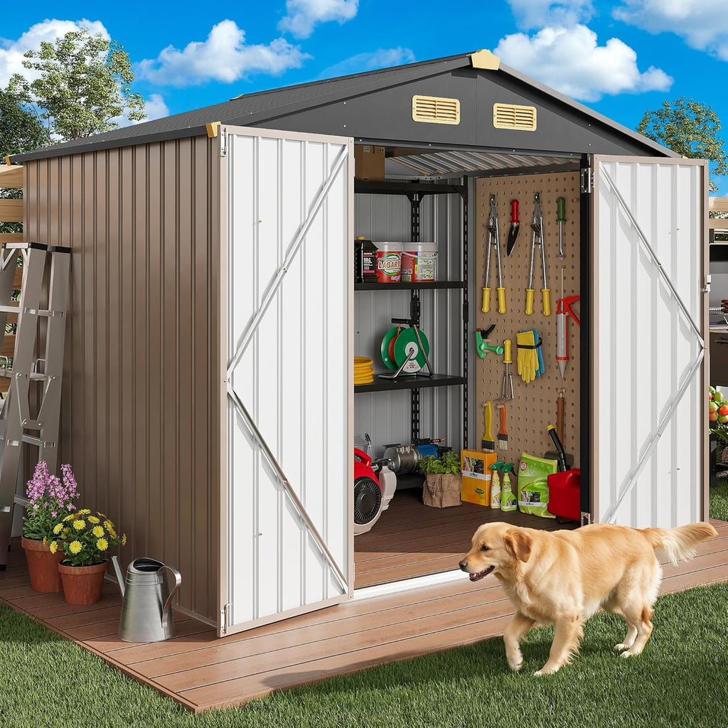 IRONCK 10x12FT Outdoor Storage Shed, Metal Garden Tool Shed with Breathable Vent and Lockable Doors, Outside Storage for Backyard, Poolside, Patio, Brown